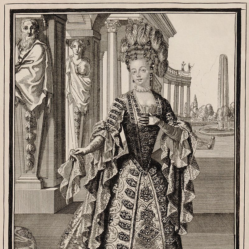 An illustration of
          a well dressed lady (La Maupin) from the knees up, standing in a public square. She wears
          an ornate dress and tall wig. The image is black ink on a greyish beige.