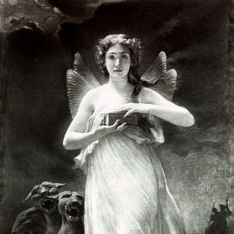 A black-and-white
          illustration of the goddess Psyche by Paul Alfred Curzon, cropped to be the knees and up.
          She holds a wooden box and wears a filmy dress. Small butterfly wings are on her back.